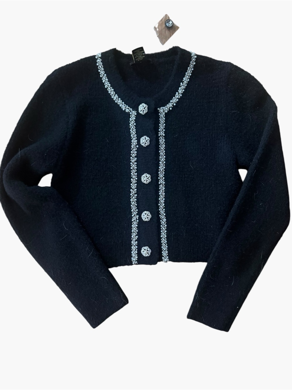 House of Harlow 1960 Black Cropped Cardigan with Silver Crystal Trim